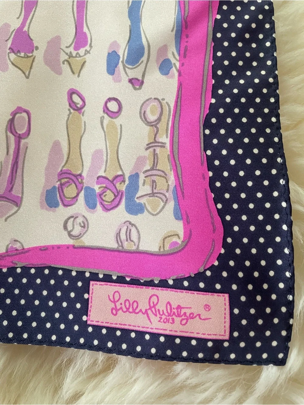 Lilly Pulitzer Vintage Shoe Print Square Silk Scarf Pink Navy Polka Dots EUC 18”